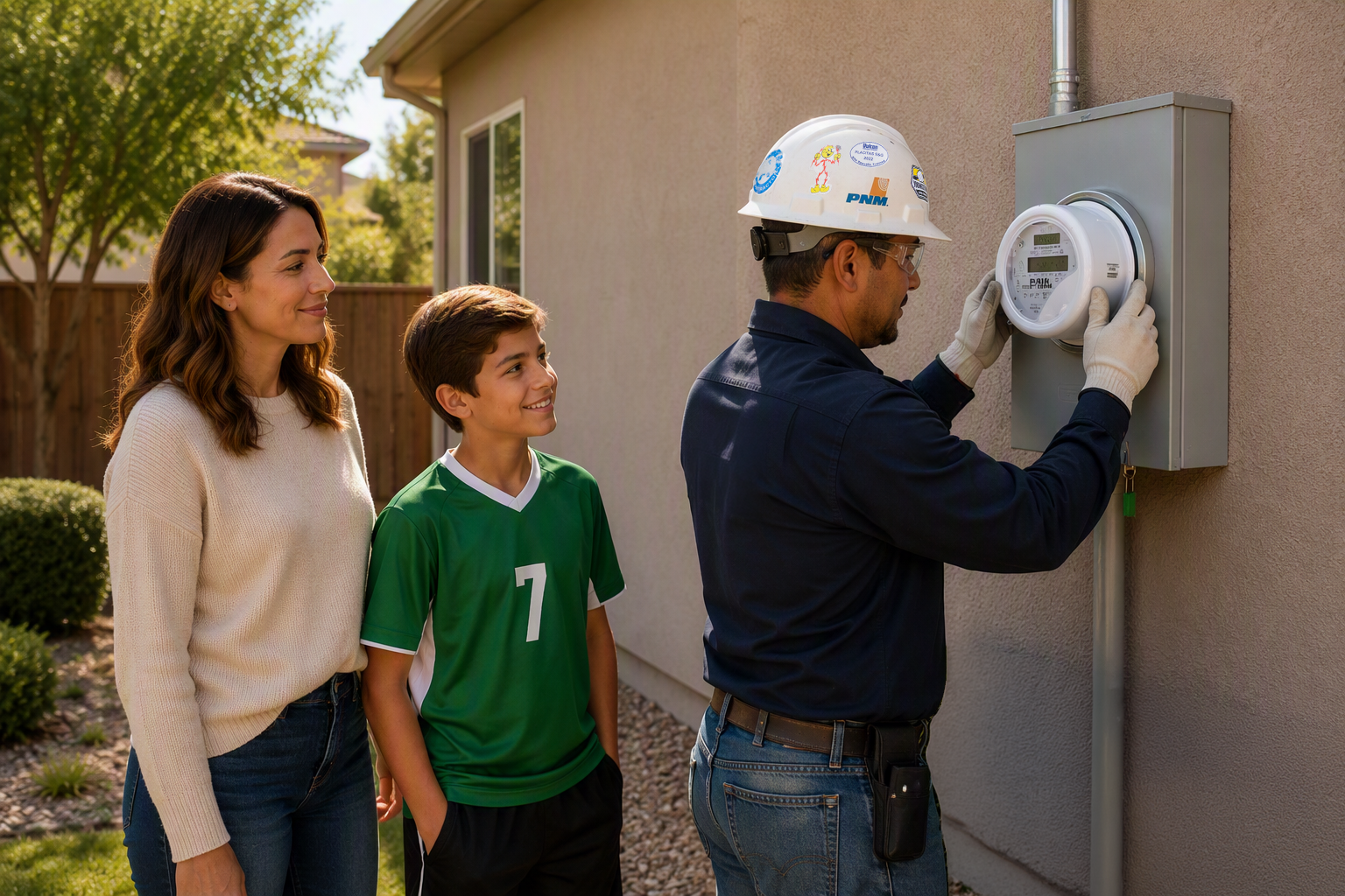 Woman and son watching Smart Meter Install