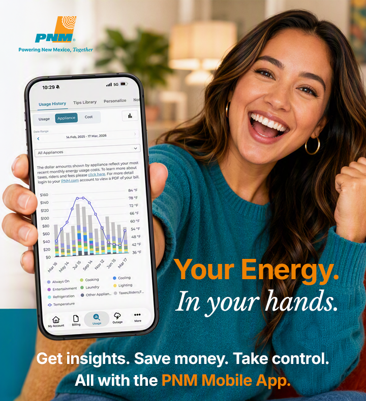 PNM Mobile App promotion with app usage data shown on a phone
