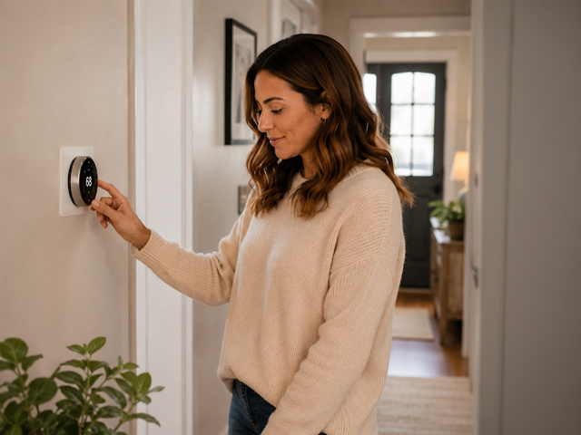 Woman adjusting thermostat